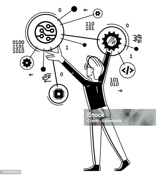 Computer Engineer In Work Vector Outline Illustration Programmer And ...