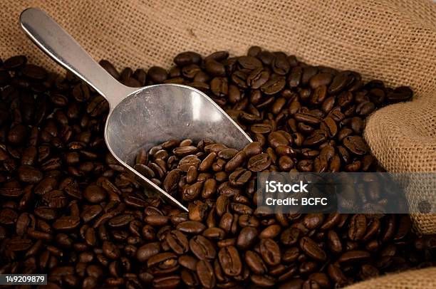 Coffee Beans And Scoop Shot From Above Stock Photo - Download Image Now - Brown, Burlap, Caffeine