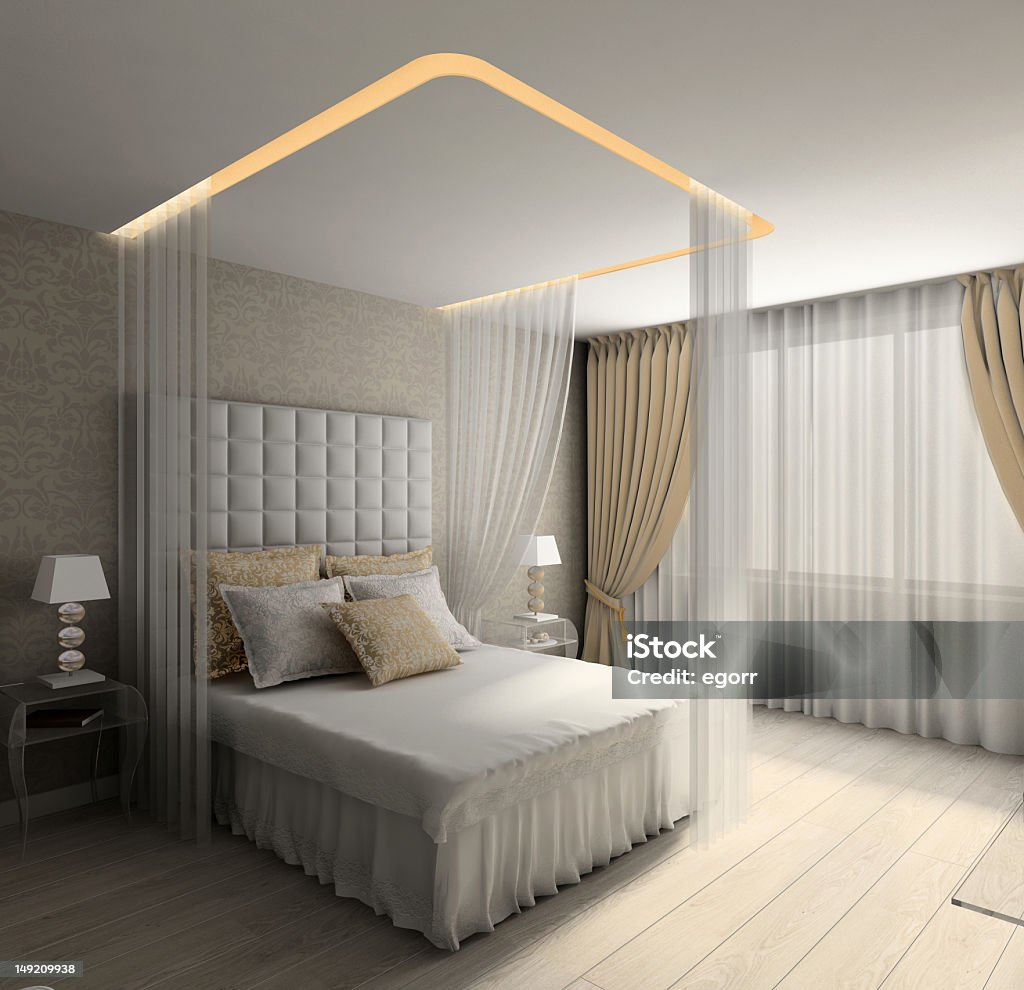 Modern 3D render of an interior of a bedroom Modern design interior of bedroom. 3D render Apartment Stock Photo