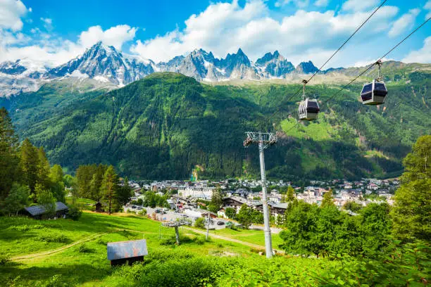 Chamonix cable car aerial panoramic view. Chamonix Mont Blanc is a commune and town in south eastern France