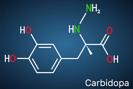 カルビドパ分子特発性パーキンソン病の治療に用いられるドーパデカルボキシラーゼ阻害剤です濃い青の背景に構造化学式 アイコンのベクターアート