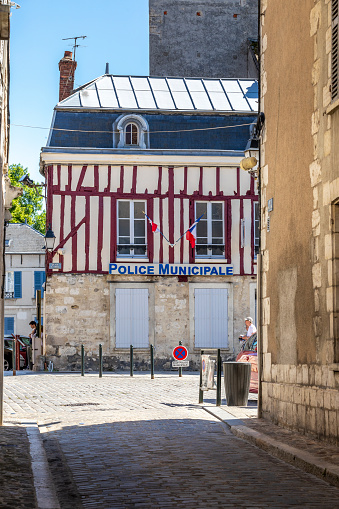 Provins, France - May 31, 2020: Traditional medieval building in which the police station is located in Provins village near Paris