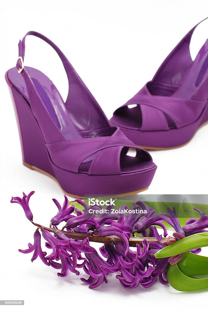 Fashion shoes and flower A pair of beautiful purple platform shoes with flower close-up Beauty Stock Photo
