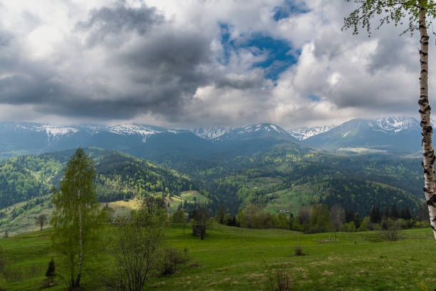 A trip through the spring mountains with a view of snow-capped peaks