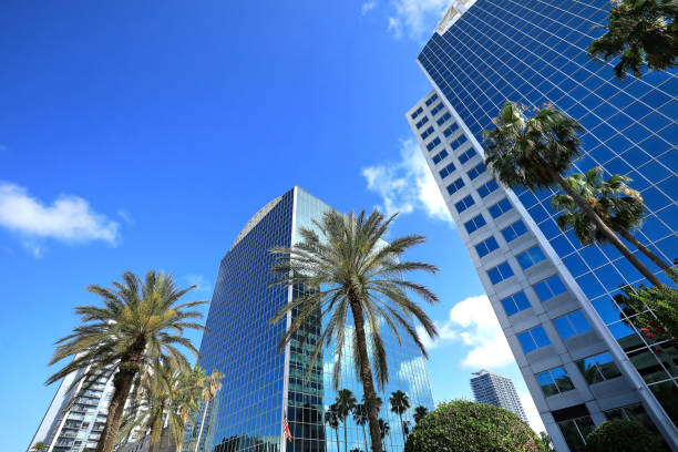 Looking up at Modern Buildings in Orlando, Florida, USA. stock photo