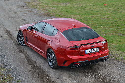 Berlin, Germany - 13 October, 2017: Kia Stinger GT stopped on a road. The Stinger was debut in 2017 on the market. The Stinger GT was the most expensive model in Kia offer in Europe.