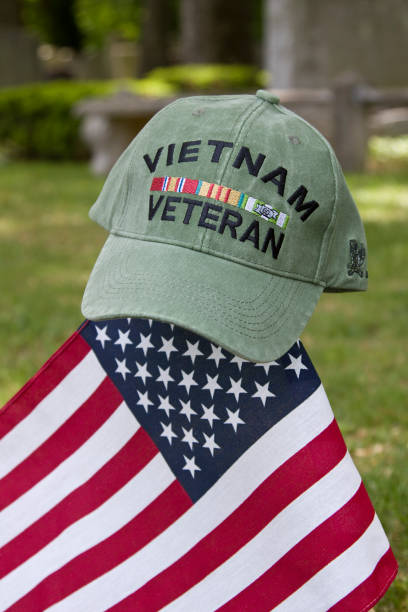 istock Vietnam Veterans cap resting on flag in cemetery 1492108603