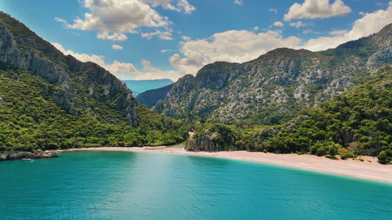 Aerial view of the Olympos Beach in Antalya, Aerial view of the Cirali beach at Mediterranean sea in Antalya Province, Nature and sea relaxation scene, background colorful summer scene, popular holiday destination of Turkey, ancient city of olympos