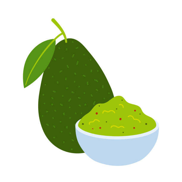 ilustrações, clipart, desenhos animados e ícones de guacamole. tigela de guacamole tradicional mexicano molho e abacate inteiro. ilustração vetorial plana isolada no fundo branco. - guacamole bowl mexican culture drawing