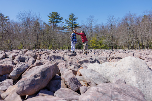 Exploring Boulder Field - Ice-Age geological formation in Hickory Run State Park, Poconos region, Pennsylvania