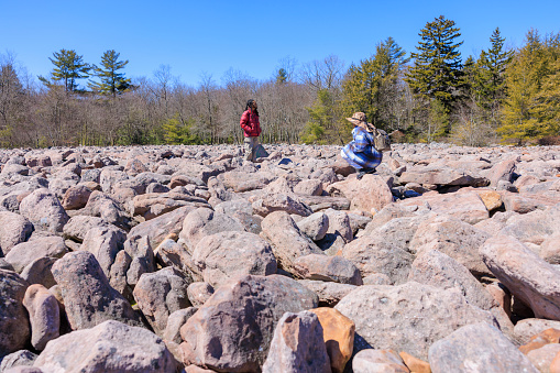 Exploring Boulder Field - Ice-Age geological formation in Hickory Run State Park, Poconos region, Pennsylvania