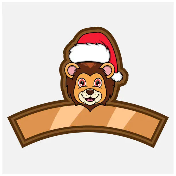 Vector illustration of Lion Head Character Logo, icon, watermark, badge, emblem and label with Christmas Hat.