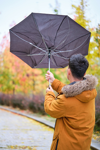 Young man tries to hold his umbrella in a strong wind in a rainy autumn day at the street.