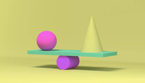istock 3D render composition balancing balanced geometric shapes on a yellow background. 1492133034