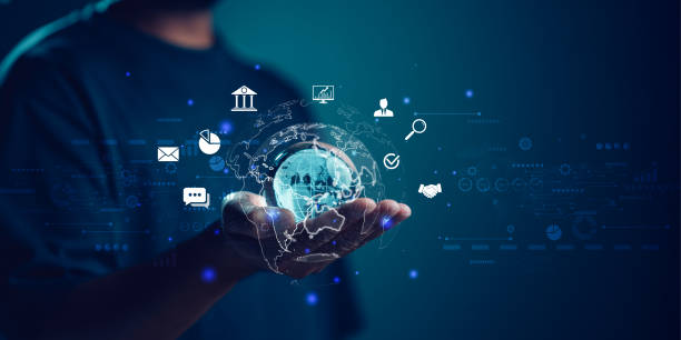 istock Businessman holding globe with business icon. Business global internet connection application technology and digital marketing, Financial and banking, Digital link tech, big data, business target. 1492139933