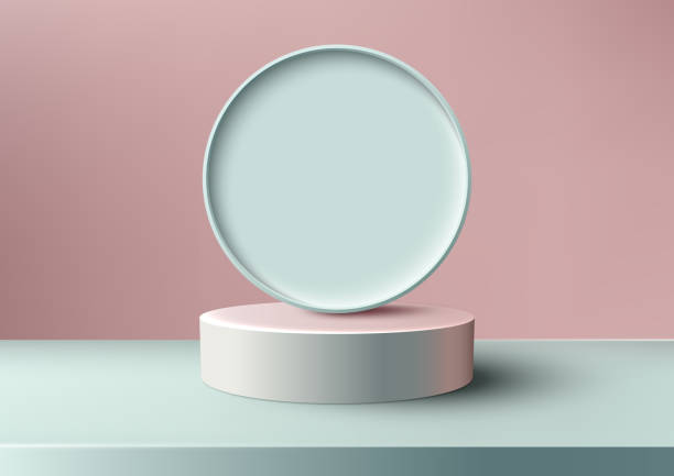 istock 3D realistic empty pink podium stand with blue circle backdrop minimal wall scene on pink pastel color background 1492142169