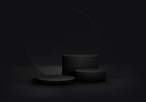 istock 3D realistic group of empty black cylinder podium stand with transparent glass circle backdrop on dark background 1492142196