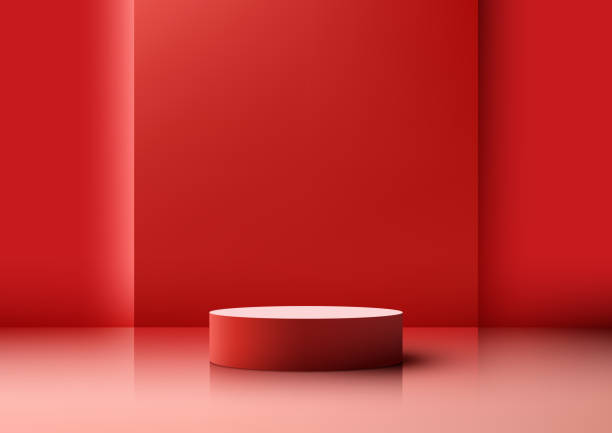 istock 3D realistic empty red podium pedestal stand minimal wall scene on red background 1492142199