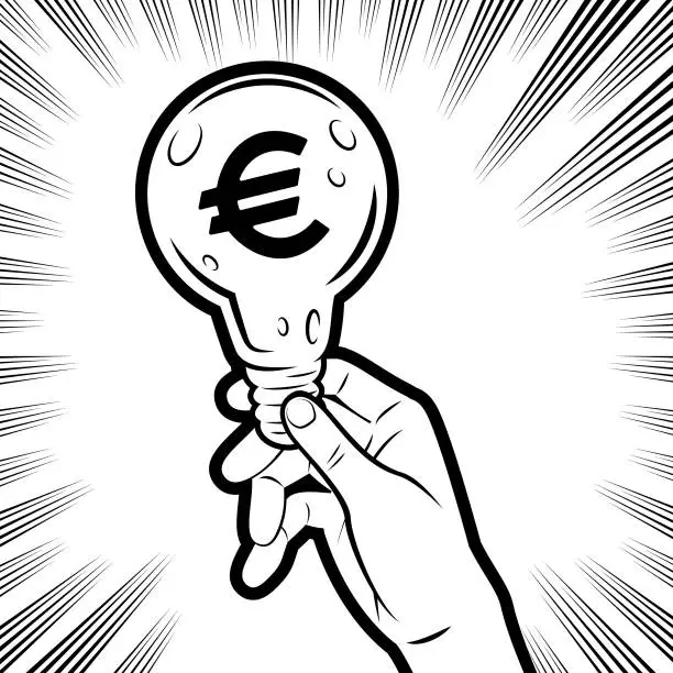 Vector illustration of A human hand showing an Idea Light Bulb with a money symbol in the background with radial manga speed lines