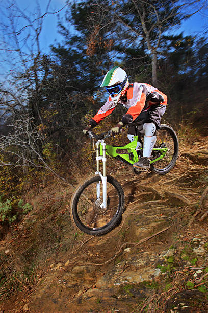 istock Young man riding a mountain bike downhill style 149214989