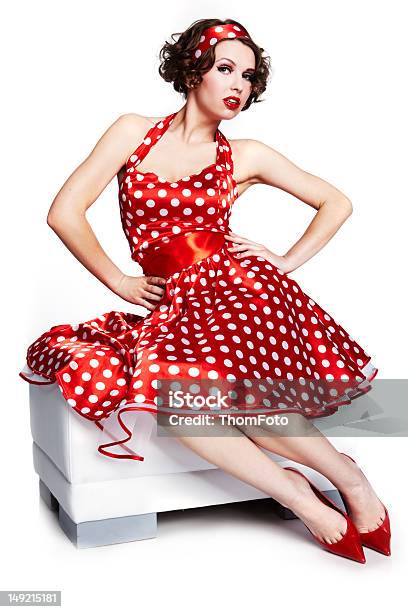Pinup Girl In Red Flouncy Dress With White Polka Dots Stock Photo -  Download Image Now - iStock