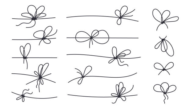 Line bows knots on ribbon for gift decoration. String with rope knots in doodle style, simple thin line wedding elements isolated on white background Line bows knots on ribbon for gift decoration. String with rope knots in doodle style, simple thin line wedding elements isolated on white background. bow tie stock illustrations