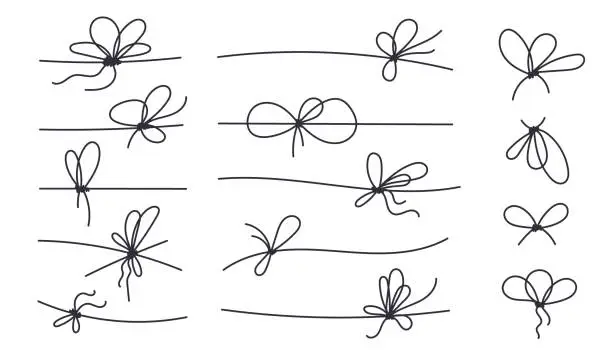 Vector illustration of Line bows knots on ribbon for gift decoration. String with rope knots in doodle style, simple thin line wedding elements isolated on white background