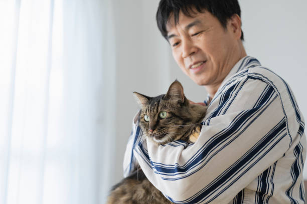 istock Middle-aged man holding cat in bed, morning 1492155071