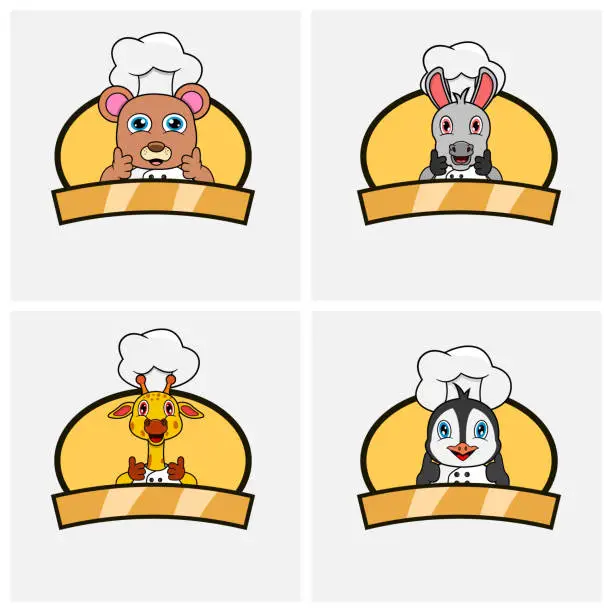 Vector illustration of Cute animals Chef set, Wearing Hat and Cooking Theme. Bear, Donkey, Giraffe and Penguin Character Design, Mascot, Label, Icon And Logo.