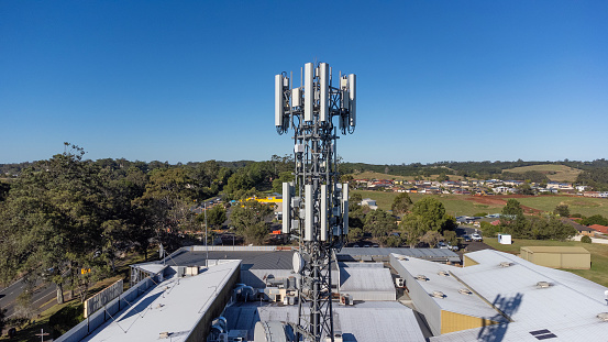 Aerial view of a mobile phone telecommunications tower at Goonellabah, NSW, Australia