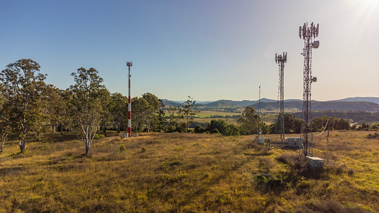 Mobile phone telecommunications towers on top of a mountain near Lismore, NSW, Australia