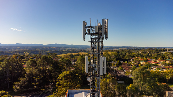Aerial view of a mobile phone telecommunications tower at Goonellabah, NSW, Australia