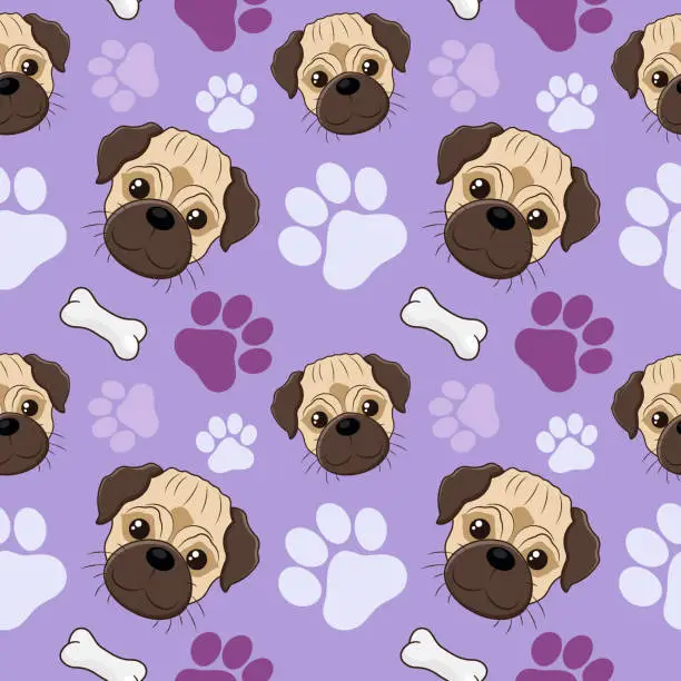 Vector illustration of Seamless vector pattern with cartoon pug, bones and paws on purple backdrop.