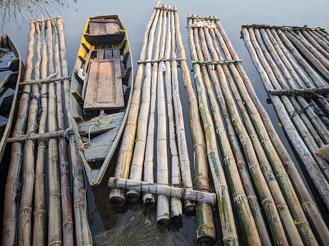 View of bamboo raft on the edge of  Mulur reservoir located in Sukoharjo,Indonesia.