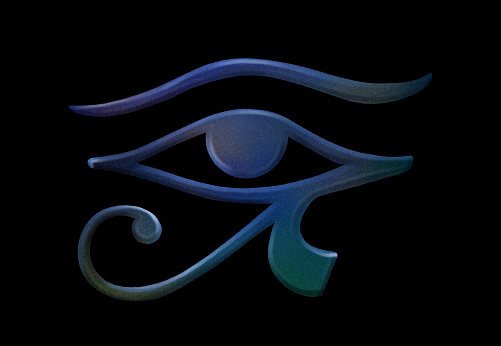 Dark blue eye of horus in the style of digital airbrushing. Realistic egyptian symbol isolated on a black background