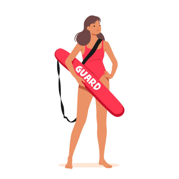 ilustrações de stock, clip art, desenhos animados e ícones de experienced female lifeguard character ensuring safety, vigilance, rescue readiness at the pool or beach - life belt water floating on water buoy