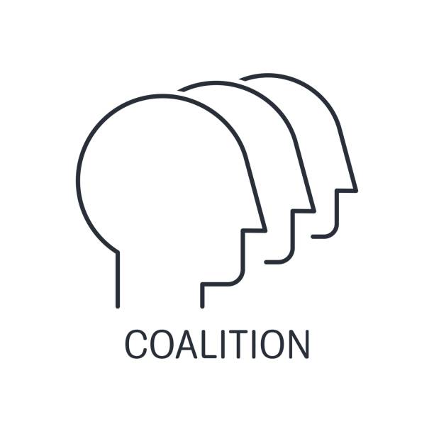 Coalition. Association, union of states, parties, businesses  to achieve a common goal.Vector linear icon isolated on white background. A close-knit group of people looking in one direction. coalition building stock illustrations