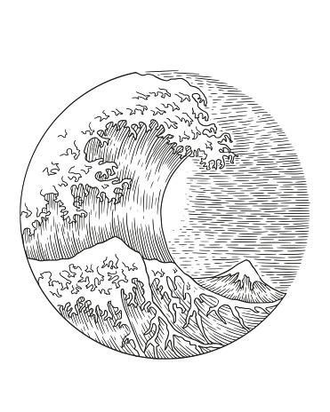 The great wave kanagawa in engraving drawing style. vector illustration