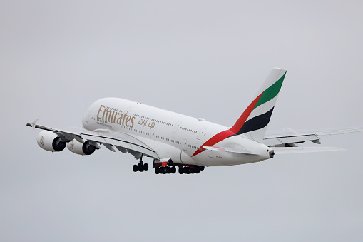 Los Angeles, CA, USA - May 20, 2023: Emirates Airbus A380-800 (Registration No. A6-EOC) taking off at LAX Airport.