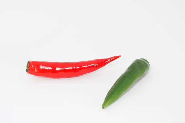 Studio shot, hot red and green chilipepper with white background