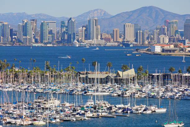High-angle view of the San Diego skyline, San Diego bay and recreational boats at Shelter island as seen from Point Loma.