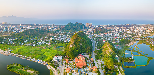 Aerial view of Da Nang Marble mountains which is a very famous destination