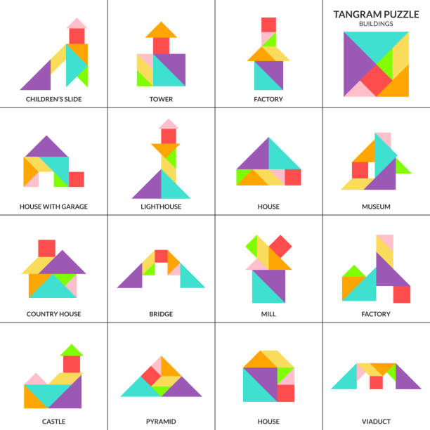 ilustraciones, imágenes clip art, dibujos animados e iconos de stock de juego de rompecabezas tangram para niños. colección de coloridos vectoriales con varios edificios aislados. - tangram casa