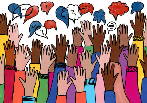 ilustrações de stock, clip art, desenhos animados e ícones de hands raised. voting. election. with speech bubbles - voting doodle republican party democratic party