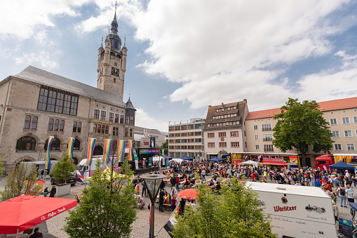 Dessau, Saxony-Anhalt, Germany, Europe - 20 May 2023: LGBTQ+ celebration in Dessau, Germany. CSD - Christopher Street Day. Gay pride event 2023, people with gender symbols walking in the town.