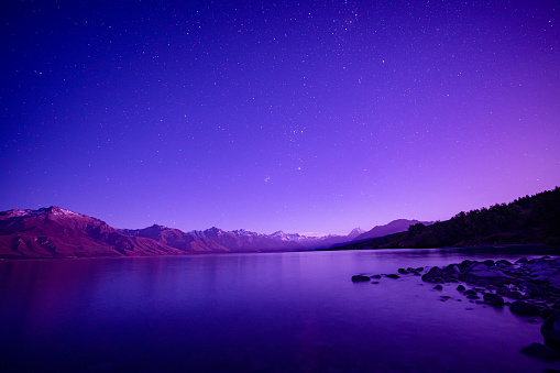 Beautiful night at Lake Pukaki looking at Southern Alps with the view of Mt Cook in backdrop, South Island, New Zealand.