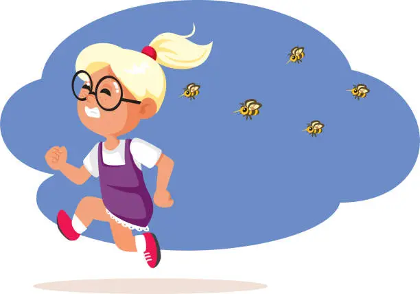 Vector illustration of Allergic Little Girl Running Away from Dangerous Bees Vector Cartoon Illustration