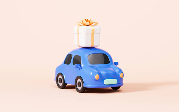 istock Cartoon car and gift box in the yellow background, 3d rendering. 1492177088