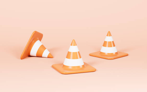 istock Cartoon traffic cone in the yellow background, 3d rendering. 1492177136
