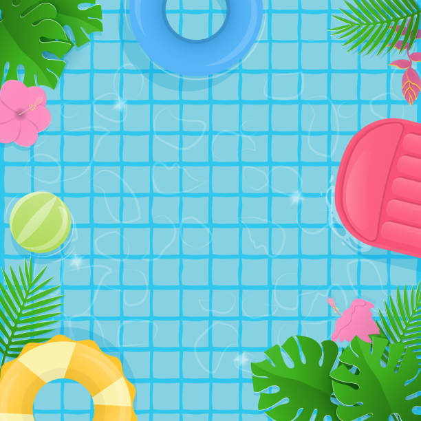 istock Colorful inflatable ring and tropical trees on swimming pool background 1492179410